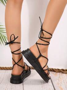 Sandalias con cordones de suela gruesa para mujer de moda - Negro - Ver 6