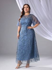 SHEIN Belle Plus Size Nữ Tương Phản Lưới Tay Bướm Phối Ren Váy Dâu - Màu xanh bụi bặm - Xem 6