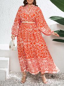 SHEIN Cottnline Plus Size Women's Long Sleeve Button Detailed Long Oversized Summer Dress - Orange - View 3
