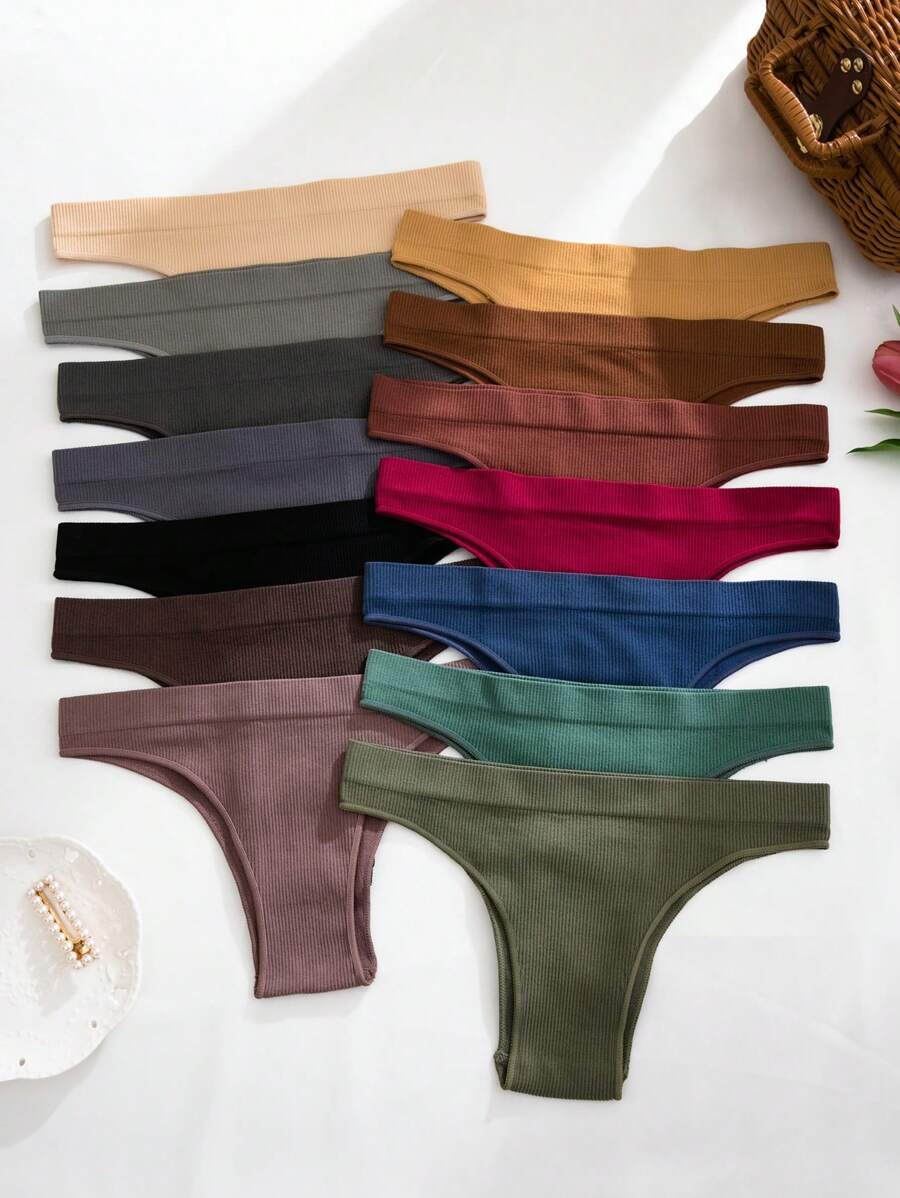 14入組女士無縫實色肋紋三角褲 - 彩色 - 查看 1