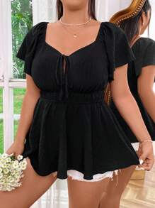 Flirla Texture Fabric Elastic Waist Plus Size A-Line Short Sleeve Shirt Peplum Top - Black - View 4