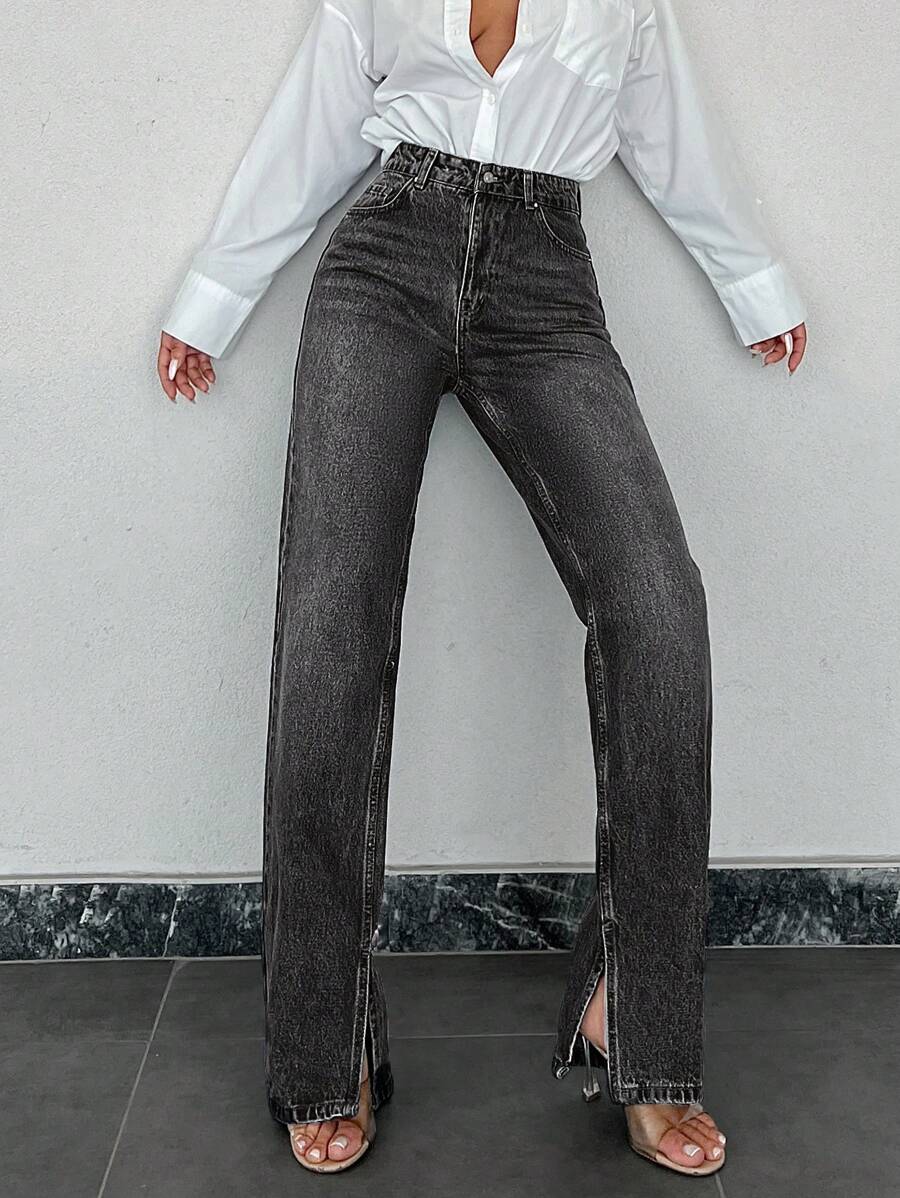EURMUSE 100%Cotton Ladies' Solid Color Denim Pants With Slit Hem - Black - View 1