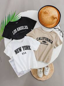 SHEIN Conjunto de 3 piezas para bebé niño con sudadera de punto suave con cuello redondo y mangas cortas con diseño impreso de letras