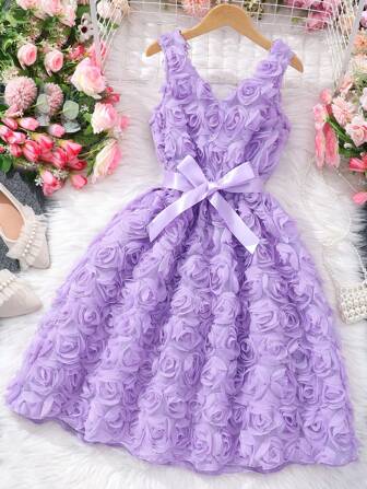 SHEIN Tween Girl Casual Flower Print Sleeveless Dress