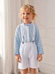 SHEIN 2pcs/Set Casual Plaid Collar Button-Up Shirt And Overall Shorts With Contrasting Sleeve Cuffs For Boys, Suitable For Parties - Baby Blue - View 1