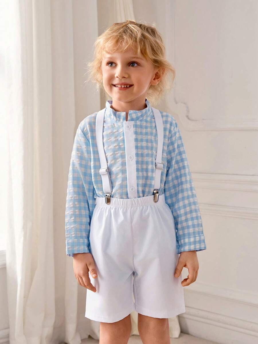 SHEIN 2pcs/Set Casual Plaid Collar Button-Up Shirt And Overall Shorts With Contrasting Sleeve Cuffs For Boys, Suitable For Parties - Baby Blue - View 1