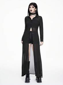 ROMWE Professional Gothic Style Women's See-Through Shirt Dress With Thigh-High Slit - Black - View 4