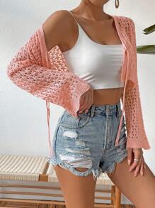 Breezaya Women's Solid Color Lace-Up Bell Sleeve Casual Cardigan - Coral Pink - View 6