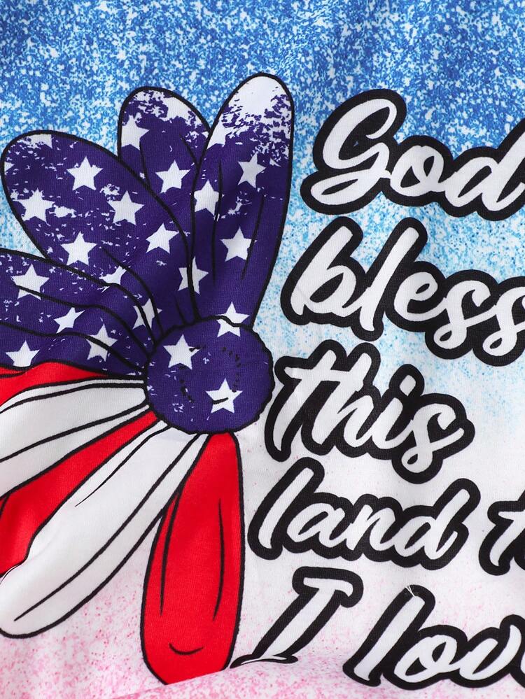 2pcs Tween Girls Casual Independence Day Flower Print Short Sleeve T-Shirt And Denim Shorts Set