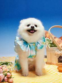 1入宠物无袖连衣裙带系带和可拆卸D型环，渐变水洗染绿黄色印花，适用于猫狗 - 彩色 - 查看 2