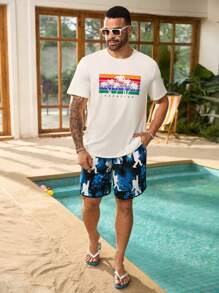 Manfinity Homme Pantaloni Corti Con Coulisse E Tasche A Stampa Integrale Da Uomo Di Taglia Plus Per L'Abbigliamento Casual Estivo - Blu - Visualizzare 3