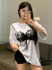 DAZY Camiseta de tirantes holgada de verano para mujer con cuello redondo impreso y mangas caídas, camiseta grande con estampado gráfico