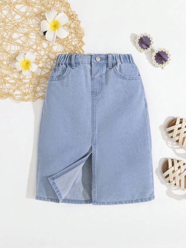 SHEIN تنورة جينز كاجوال أساسية زرقاء للفتاة الصغيرة، تنورة بوهو للربيع والصيف