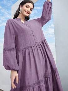 Mulvari 女士夏季休閒純色凹口領氣球袖長裙 - 紫色 - 查看 6