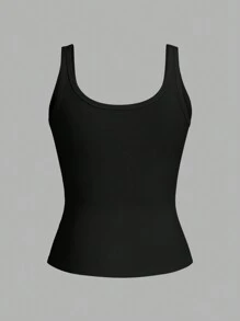 Slaydiva Casual Basic Ribbed White Tank Top With Deep U-Neck And Narrow Armholes, C Style