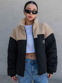 DAZY Women's Casual Colorblock Stand Collar Padded Coat, Winter ,Winter Women Clothes,Winter Coat Women