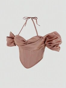 Sweetra Elegant Solid Color Cold Shoulder Halter Shirt, Summer - Champagne - View 6