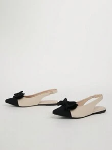 撞色蝴蝶结露跟尖头平底鞋，适合日常和外出场合，春夏穿搭 - 米色 - 查看 5