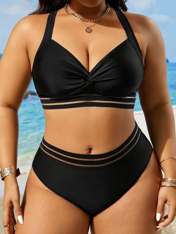 Swim Lushoire Plus Size Solid Color Twisted Bikini Set For Summer Beach