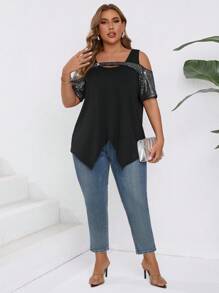 SHEIN Clasi Plus Size Country Concert Elegant Asymmetrical Hem Women's T-Shirt For Summer Parties And Gatherings - Black - View 4