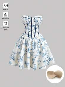 SHEIN MOD 藍色印花杯加胸垫及對比色邊緣的無肩帶迷你連身裙 - 藍白色 - 查看 1