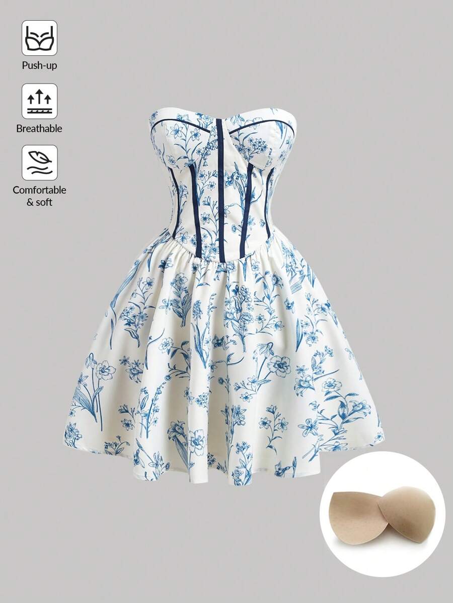 SHEIN MOD 藍色印花杯加胸垫及對比色邊緣的無肩帶迷你連身裙 - 藍白色 - 查看 1