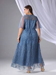 SHEIN Belle Plus Size Nữ Tương Phản Lưới Tay Bướm Phối Ren Váy Dâu - Màu xanh bụi bặm - Xem 2