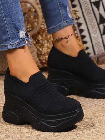 Fall/Winter Women's New Stylish Slip-On Shoes, Casual Breathable Striped Platform Wedges, Comfortable Thick-Sole Sneakers For All Seasons, Black High-Heel