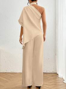 SHEIN Privé Áo Sơ Mi Xếp Ly Một Vai Đơn Giản & Thanh Lịch Màu Trơn & Quần Ống Rộng Lưng Cao - Màu be - Xem 2