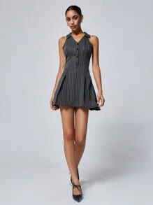 Aveloria GENKIRA French Chic Dress With Bellflowers Print, Vest Shape Top, V Neckline, Lapel, Pleats, Striped Pattern, Waist Belt, For Girls - Dark Grey - View 2