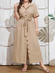 SHEIN LUNE Plus Size Solid Color Resort Style Front Button Maxi Shirt Dress For Leisure