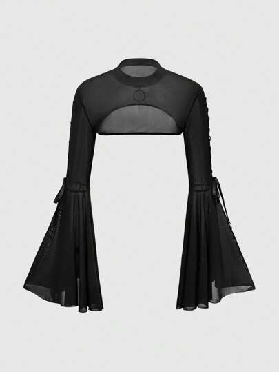 Goth Haut de maille femelle avec entrebâillement et manches évasées, cordon de serrage
