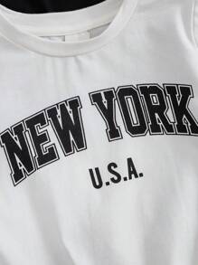 SHEIN Conjunto de 3 piezas para bebé niño con sudadera de punto suave con cuello redondo y mangas cortas con diseño impreso de letras
