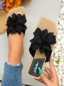 女性春夏季款時尚經典優雅簡約花卉印花塑料防滑沙灘涼鞋 - 黑色 - 查看 1