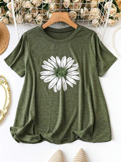 SHEIN Plus Size Floral Print Short Sleeve T-Shirt Graphic Tees Women Tops
