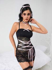 ROMWE Kawaii Tối giản Gợi Cảm Ren Criss-Cross Satin Ruy Băng Thắt Thắt Lưng Bướm Váy Đính Kim Cương Giả - màu đen - Xem 3