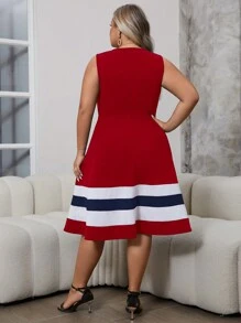 Ellevyn Váy chữ A không tay in sọc cỡ lớn có eo cao, trang phục thanh lịch dành cho giáo viên nữ, cho mùa hè - Đỏ - Xem 2