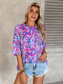 SHEIN LUNE Fashionable Camouflage Print Oversized Round Neck Drop Shoulder Women's Basic T-Shirt - Multicolor - View 5