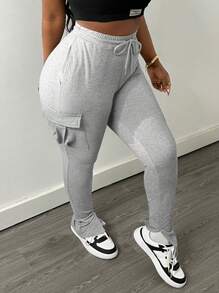 Slaydiva 簡約舒適的女士秋冬基本長褲，配有口袋和開叉設計-C款