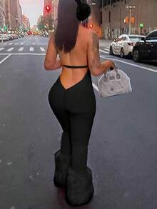 Mono elegante de verano negro con escote halter y espalda descubierta, con pliegues, estilo Y2K lindo para mujer - Negro - Ver 3
