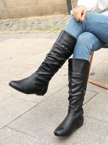 2025 年秋冬女士时尚高筒靴，黑色圆头平底靴，侧拉链 - 黑色 - 查看 3