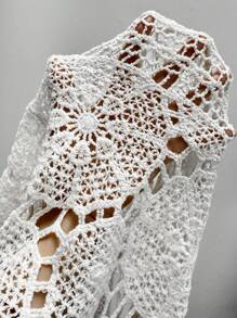 SHEIN Swim 针织镂空流苏下摆罩衫，适合度假休闲夏季 - 白色 - 查看 6