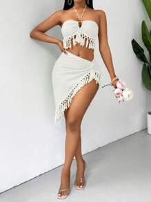 Breezaya Tassel Edge Texture Knit Fabric Halter Neck Sexy Vacation 2pcs Set - White - View 4