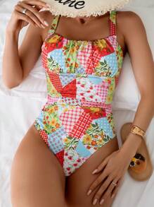 SHEIN Women's Random Printed Casual One-Piece Swimsuit One Piece Bathing Suit Summer - Multicolor - View 1