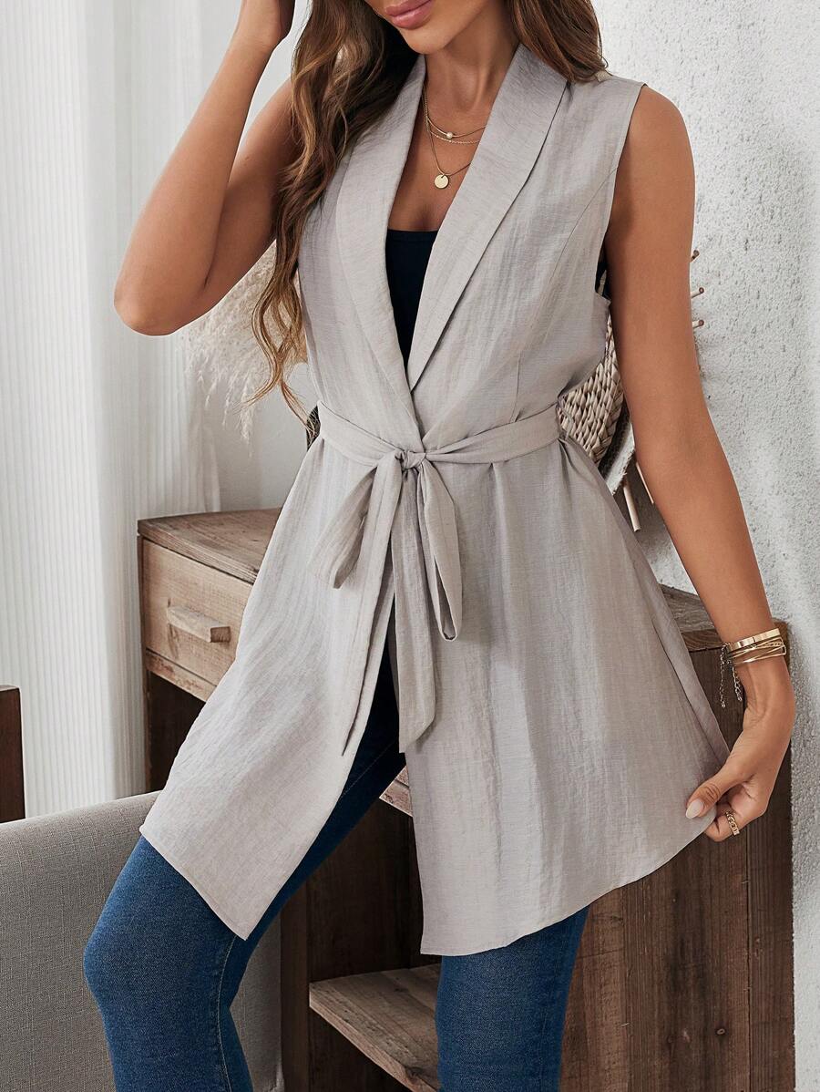 SHEIN LUNE 時尚無袖束腰中長款西裝外套，休閒風格