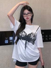 DAZY Camiseta de tirantes holgada de verano para mujer con cuello redondo impreso y mangas caídas, camiseta grande con estampado gráfico