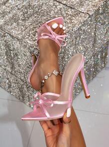 Women's High-Heeled Bowknot Net Breathable Stiletto Simple Black Sandals Valentines