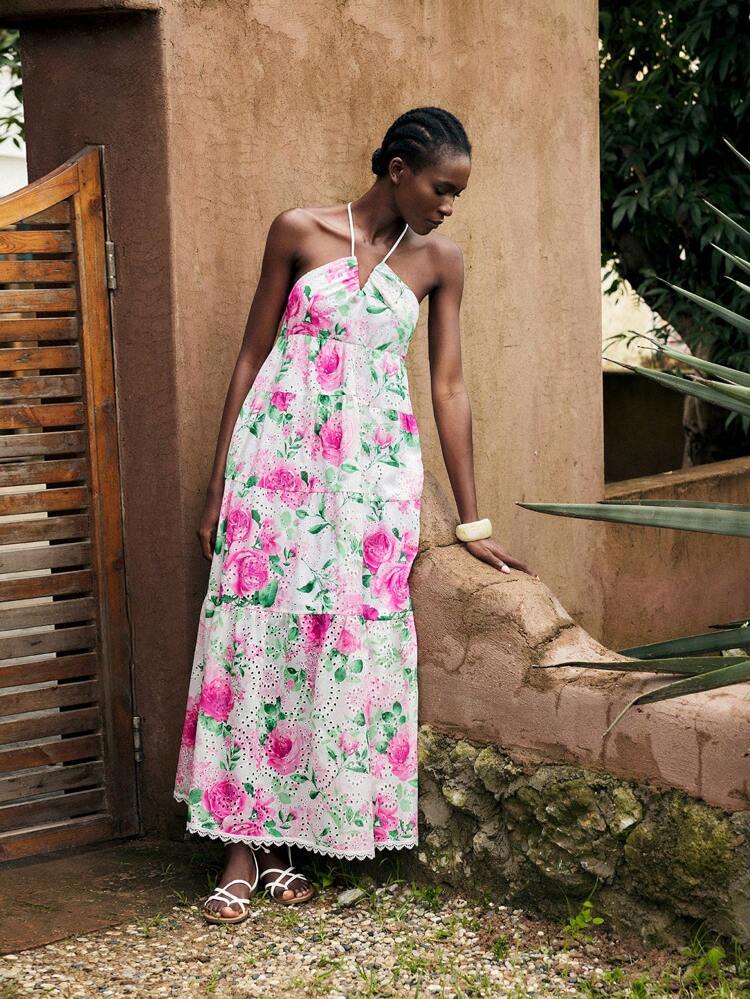 SHEIN Maija 여성용 교사 유니폼 플로럴 자수 할터 루즈핏 휴가용 드레스