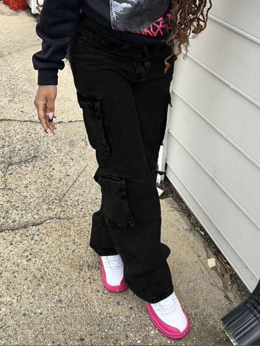 Quần jean ống rộng nhiều túi phong cách đường phố Y2K dành cho nữ có túi nắp - màu đen - Xem 1