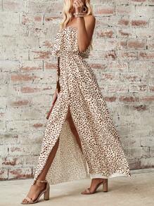 SHEIN LUNE 女士度假风格全印花连衣裙，配有开衩长裙，露肩超长女士服装 - 棕色 - 查看 4